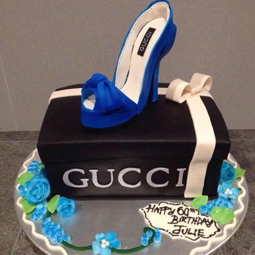 Gucci Shoebox cake and blue gumpaste stiletto by Angela-Leydon-Elliott‎