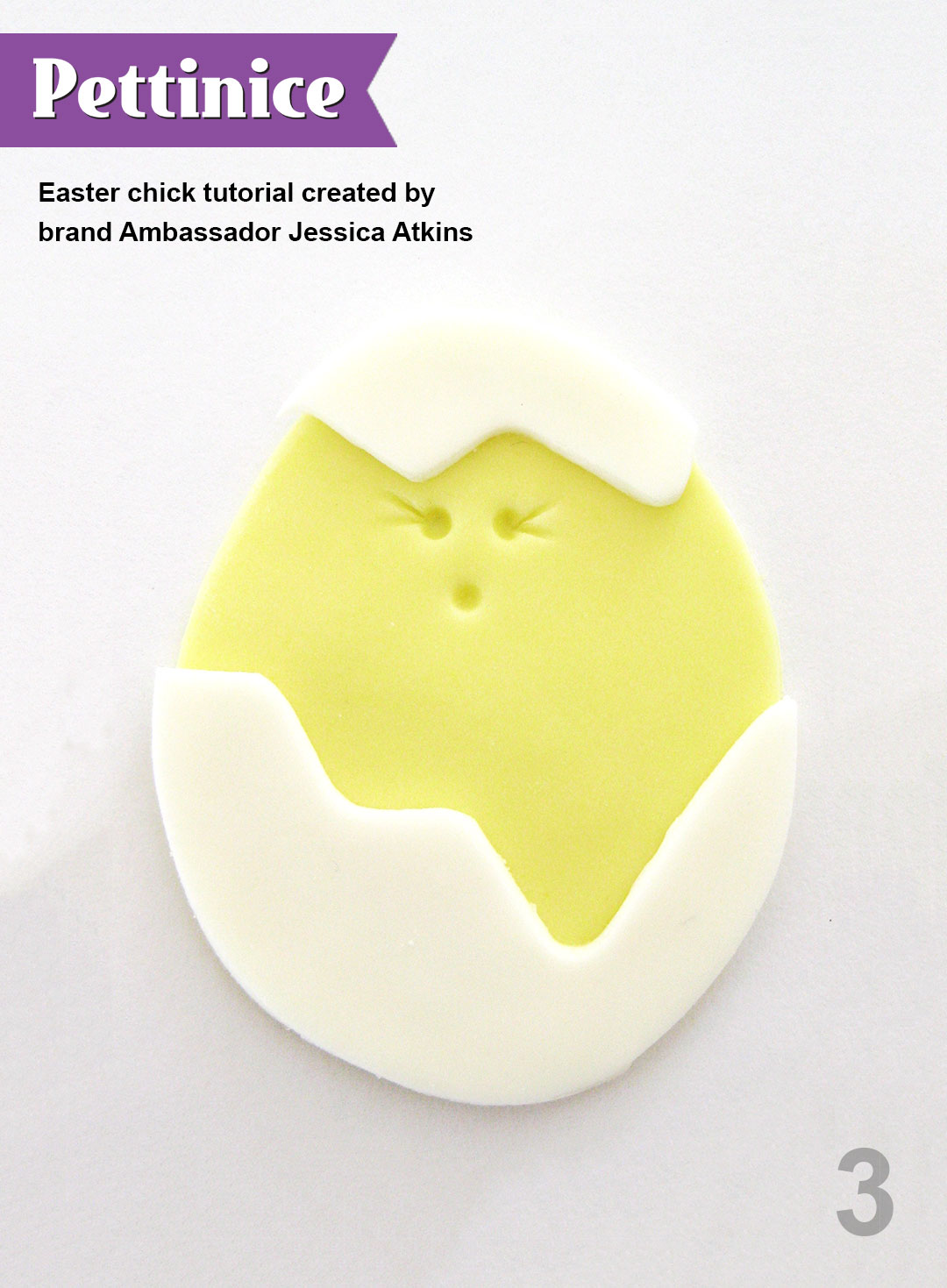 Step 3: Using a light touch to dampen fondant, stick the egg onto the yellow chick.