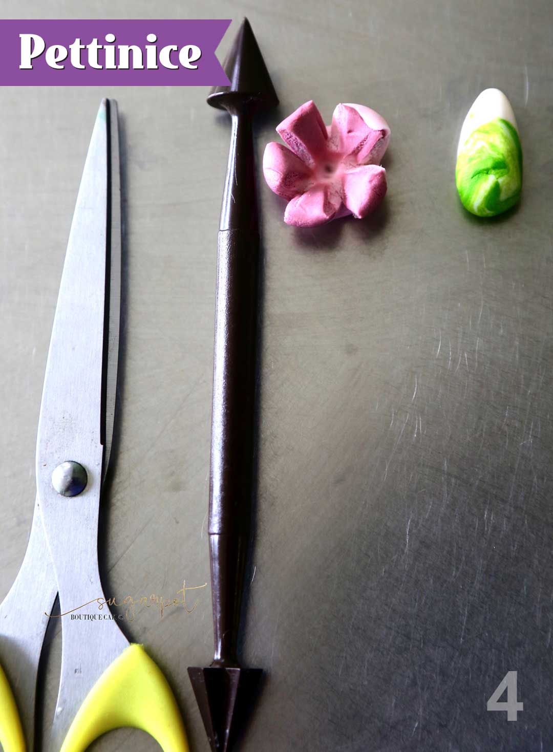 Step 4:  Slightly flatten pink shape and use your cone tool to press into the centre. Then make 5 snips for petals shown.    Roll the leaf set into semi teardrop shape as shown.