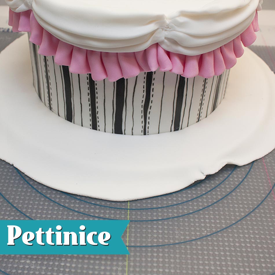 Place the front of the cake at the front edge of the cake and wrap the fondant around the cake.