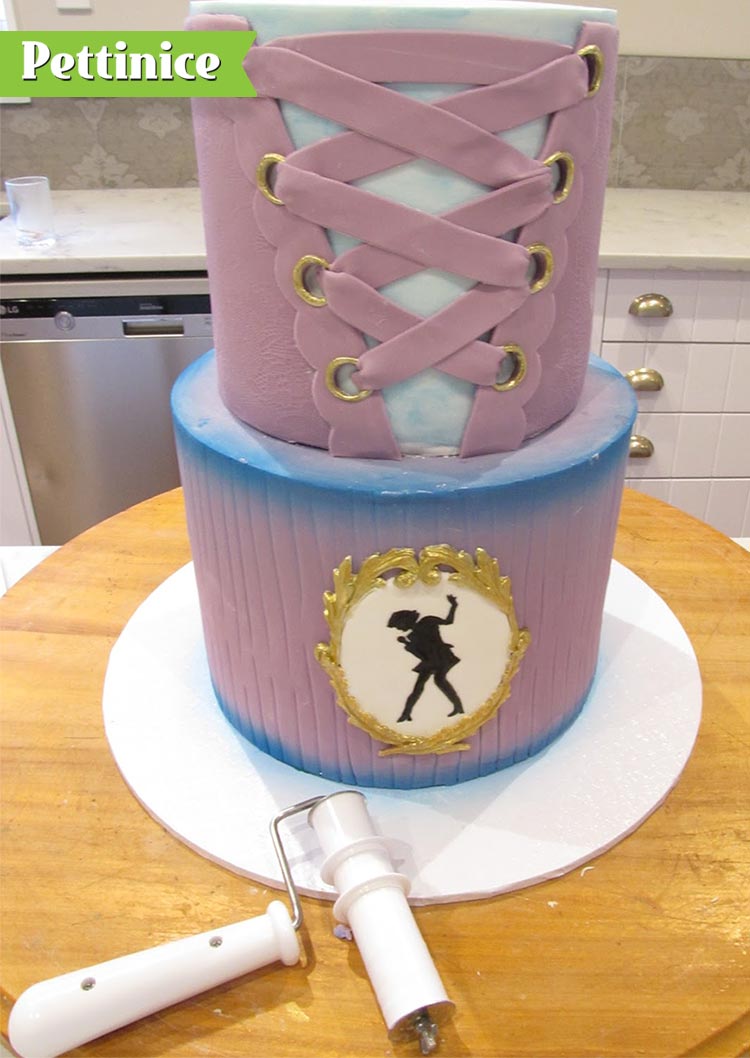Using your strip cutter, cut ½ inch strips and attach them to the top tier in laced up pattern as per the picture.