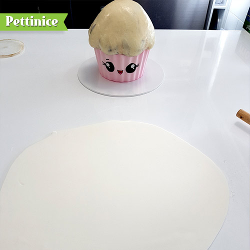 Use crisco or hot water to make the icing sticky preparing it for fondant.  Roll out your white fondant in a large circle shape.
