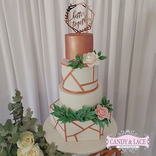 Rose gold geometric details wedding cake