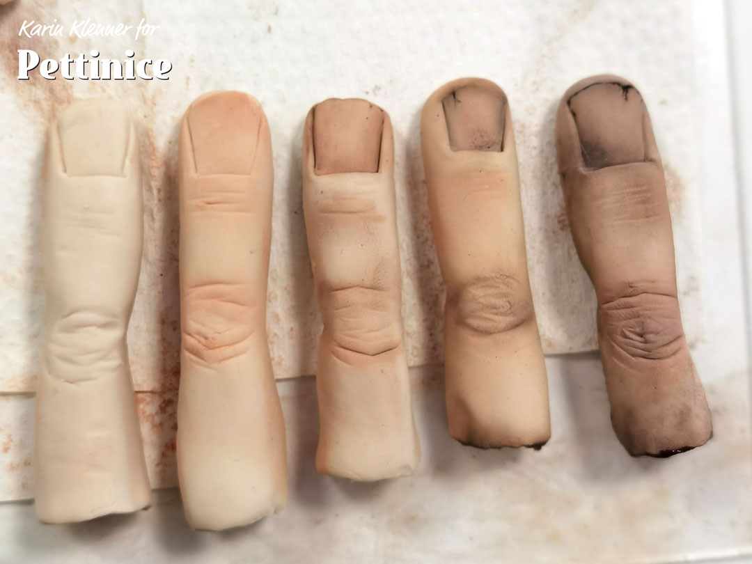I started with pinks and peaches, adding them to the wrinkles and nail and to the side of the finger. Then I added a bit of brown to my peach and pink and dusted where I wanted more shadows. Then I went over with a stronger brown and black.